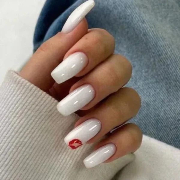 Hot Sexy Girl Simple Glossy Pure White Red Lip Long Coffin Fake Nail Tips Full Finished False Nail Press on Glue Manicure Woman - Image 16