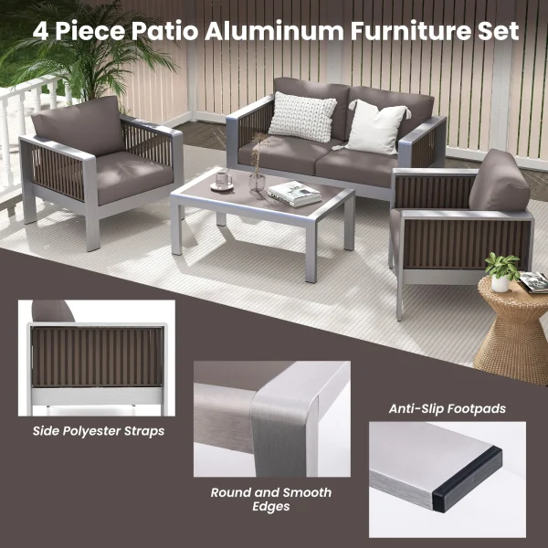 4 PCS Aluminum Patio Furniture Set with Thick Cushions & Tempered Glass Tabletop - Image 15