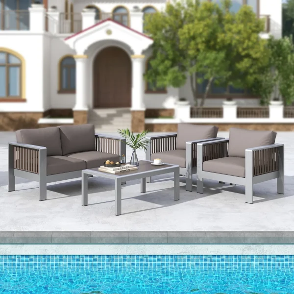 4 PCS Aluminum Patio Furniture Set with Thick Cushions & Tempered Glass Tabletop - Image 10