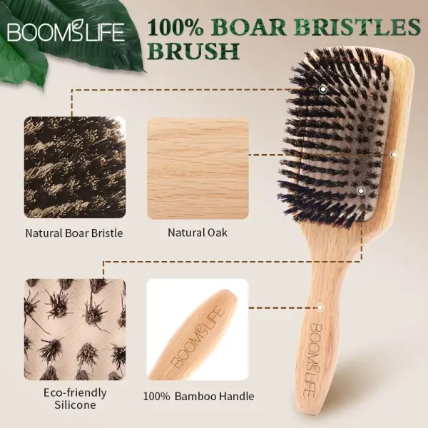 Boar Bristle HairBrush Wood Hair Brush Peine OAK Wood Combs for Women Barber Beauty Care Paddle Scalp Massage Brush - Image 3