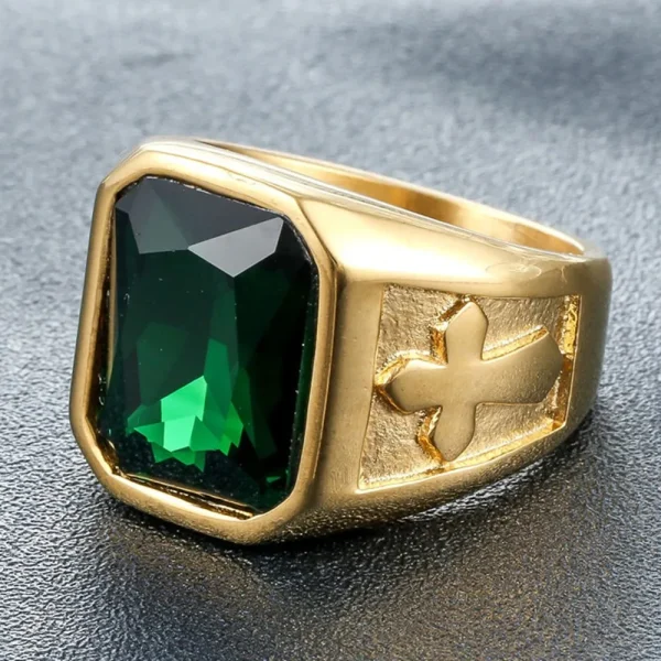 Square Green Gemstones Emerald Cross Rings for Men 18K Gold Filled Titanium Stainless Steel Cool Masculine Finger Bands New Hot