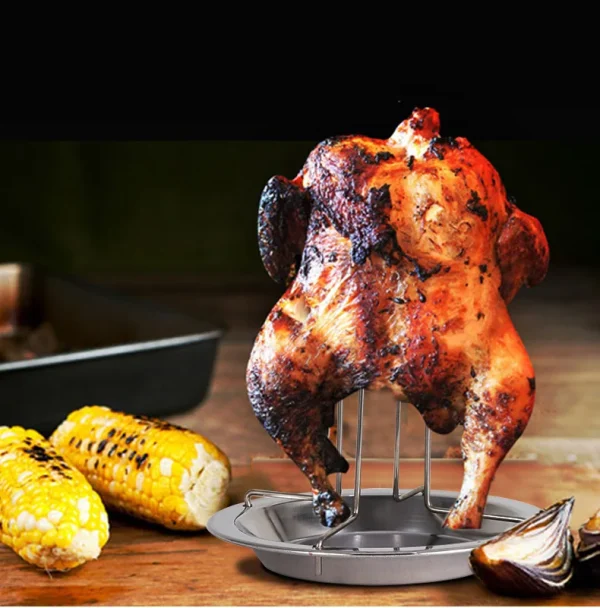 Roasting Chicken with Tray Grill Stand Roaster Rack Kitchen Outdoor BBQ Tools Stainless Steel Non-Stick Grilled Chicken Plate - Image 9