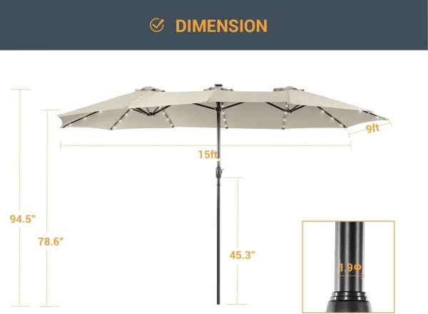 15ft Large Patio Umbrella with Solar Lights with 12 Sturdy Ribs UV Protection for Garden, Backyard, Pool(No Base) - Image 2