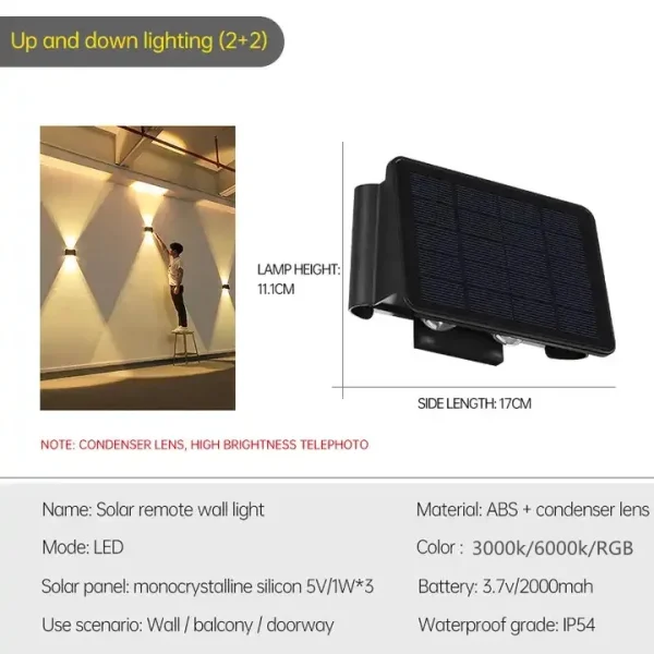 Outdoor LED Solar Wall Light ABS Garden IP54 Waterproof Decoration Wall Light Solar Panel Up and Down Wall Lamp Street Lamps - Image 12