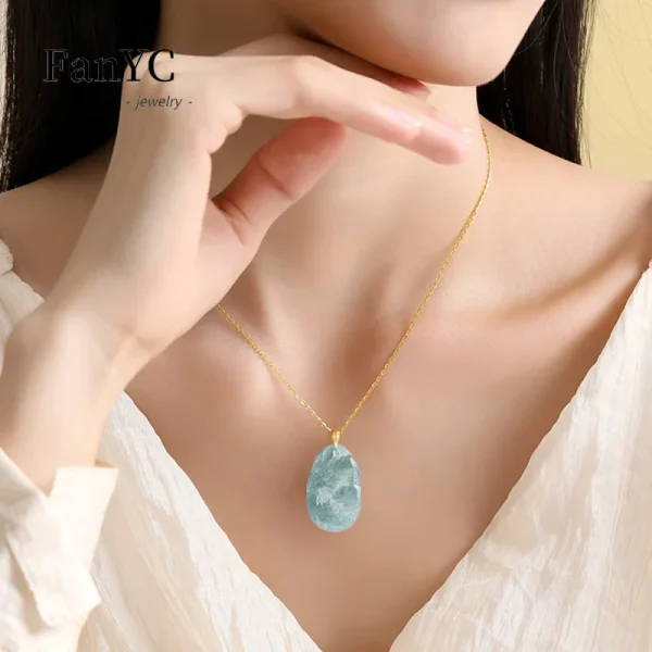 Natural Jadeite Blue Water Small Landscape Pendant 18K Gold Clasp Set Delicate Fashion Ice Jade Necklace High-grade Ladies Gift - Image 5