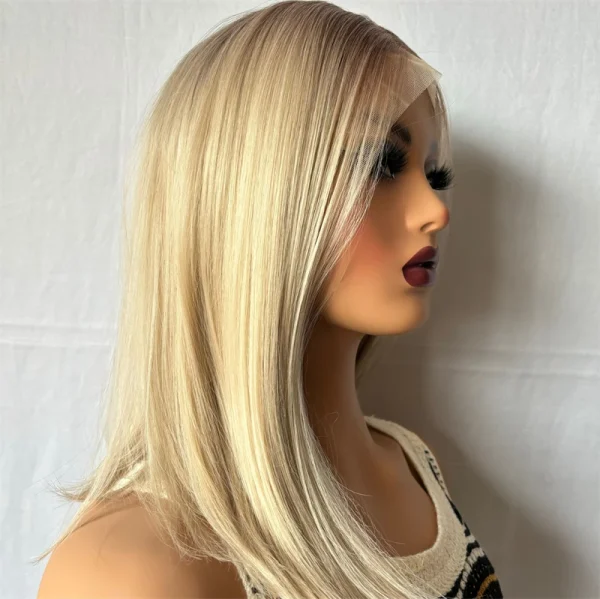 Ash Blonde Highlight Color Short Straight Bob Lace Front Wigs For Women Long Synthetic Hair Wig Dark Roots 13x4 Lace Frontal Wig - Image 2