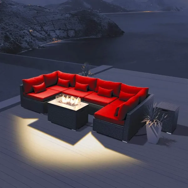 Patio Furniture Sectional Sofa with Gas Fire Pit Table Outdoor Patio Furniture Sets Propane Fire Pit (red-Rectangular Tab - Image 4