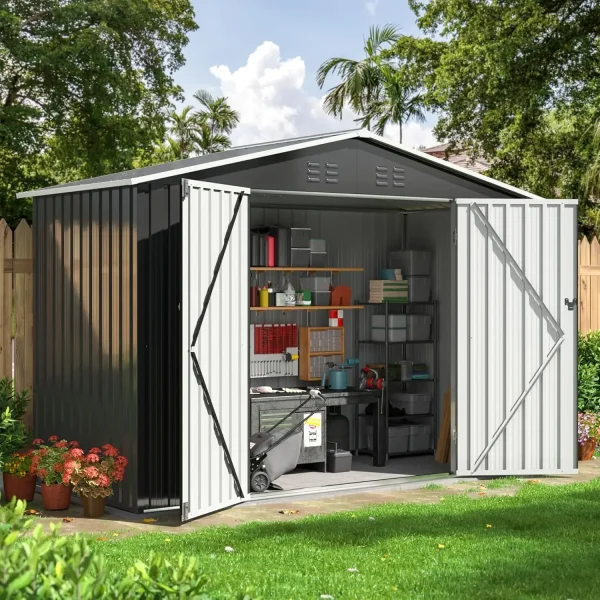 Garden Shed with Updated Frame Structure and Lockable Doors, Metal Tool Sheds for Backyard Garden Patio Lawn, Grey - Image 7