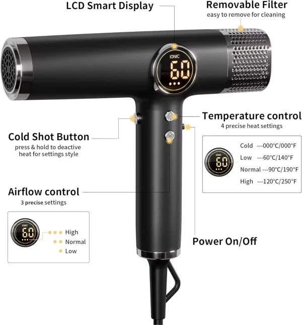 110000 RPM High-Speed Brushless Motor Negative Ionic Blow Dryer for Fast Drying Low Noise Thermo-Control Hair Dryer - Image 6