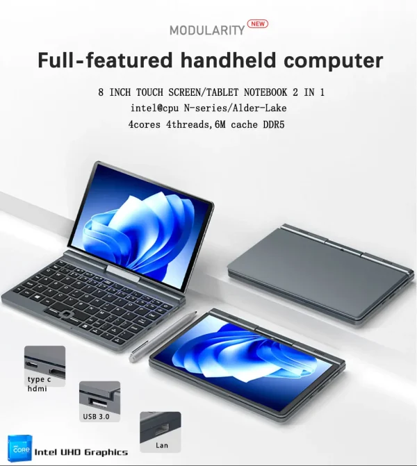 Pocket Laptop 12th Gen Mini Computer Intel Alder Lake N100 4 Core 8" Touch Screen 12G DDR5 Windows 11 Notebook Tablet PC 2 in 1 - Image 10