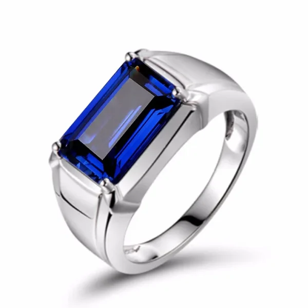 Men's Eternity 925 Sterling Silver Square natural Blue Sapphire Stone Solitaire Rings For Men Resizable ring jewelry gift