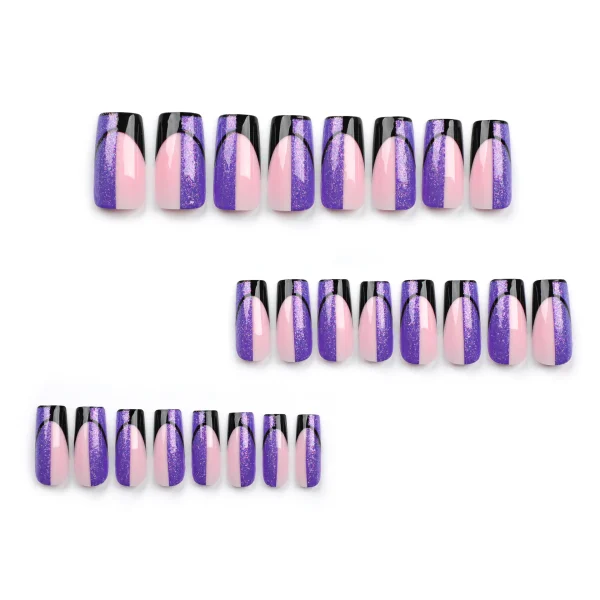 Press on Nails Medium Long Square , Purple Black Fake Nails with Glitter Design Gel Glue on Nails for Women Girls Full Cover Acr - Image 2