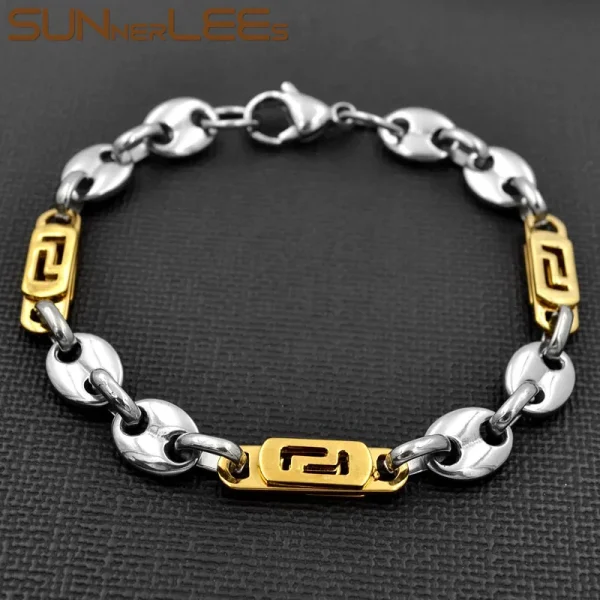 SUNNERLEES Jewelry Stainless Steel Necklace Bracelet Set 8mm Coffee Beans Link Chain Silver Color Gold Plated Men Women SC104 S - Image 4