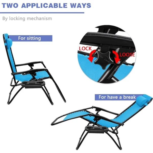 Zero Gravity Chair Patio Folding Lawn Outdoor Lounge Gravity Camp Reclining Lounge Chair with Cup Holder Pillows Set of 2 (Blue) - Image 30