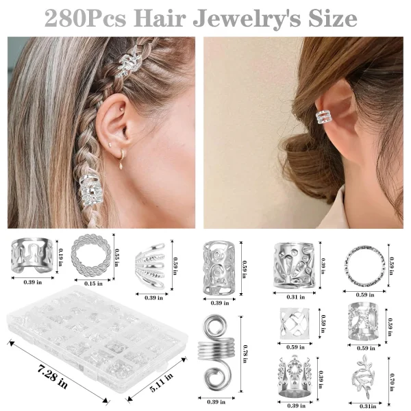 290Pcs Silver Gold Hair Beads Jewelry Braid Accessories Hair Clips Dreadlocks Braiding Braid Cuffs Metal Hair Rings Charms - Image 5