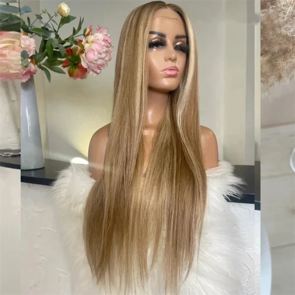 Ombre Glueless Honey Blonde Wig Human Hair Brown Highlight Wig Straight Wig 13x4 HD Lace Front Human Hair Wigs For Women - Image 4