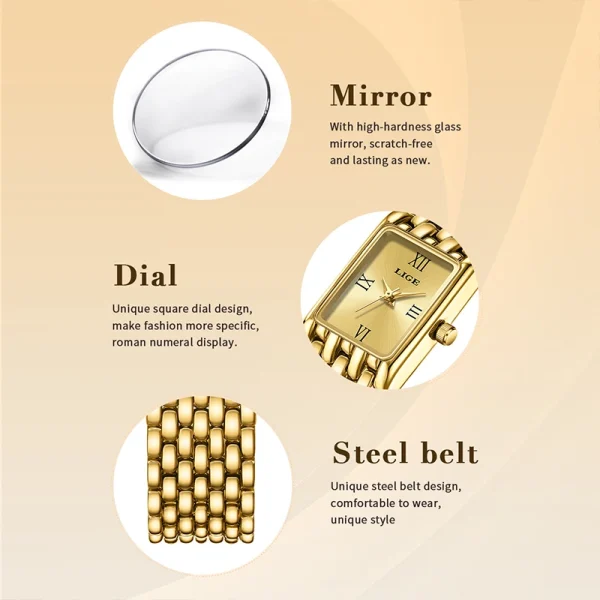 LIGE 2025 New Gold Women's Watch Luxury Quartz Watch Stainless Steel Bracelet Retro Fashion 30M Waterproof Watch for Women reloj - Image 4