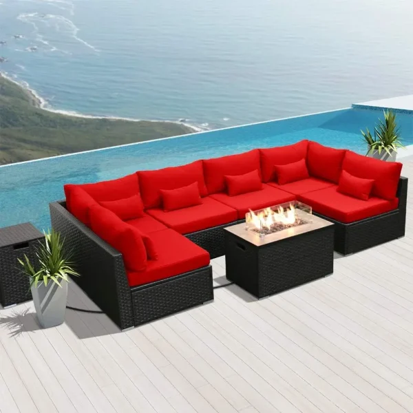 Patio Furniture Sectional Sofa with Gas Fire Pit Table Outdoor Patio Furniture Sets Propane Fire Pit (red-Rectangular Tab - Image 3