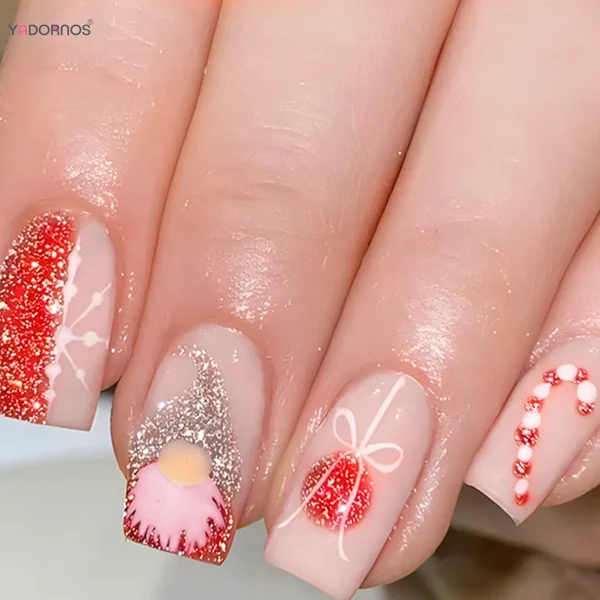 2025 Red Fake Nails with Gnome Snowflake Printed Short Square Press on Nails Glossy Sequins Charms Manicure for Women Girls - Image 2