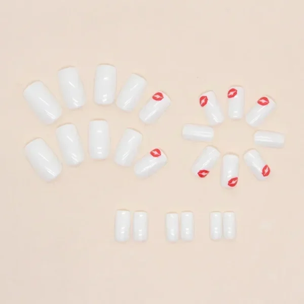 Hot Sexy Girl Simple Glossy Pure White Red Lip Long Coffin Fake Nail Tips Full Finished False Nail Press on Glue Manicure Woman - Image 4