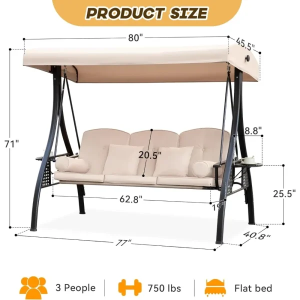 Outdoor Porch Swing with Adjustable Canopy, 3 Seat Outdoor Swing for Adults, Patio Swings Chair - Image 16