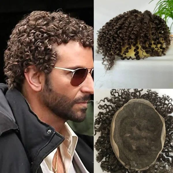 Mens Toupee Curly Human Hair Wigs Replacement Full Swiss Lace Toupee Hair Piece For Black Men's wig 10X8inch Brown #4 Color - Image 6