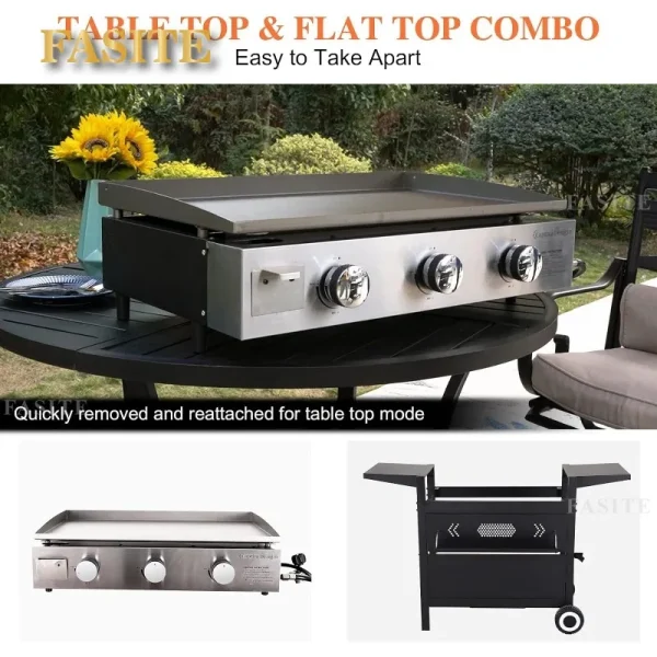 Flat Top Gas Griddle Grill with Lid 3-Burner Propane BBQ Grill Outdoor Cooking Station, Can Be Converted Into Table Top Griddle - Image 9