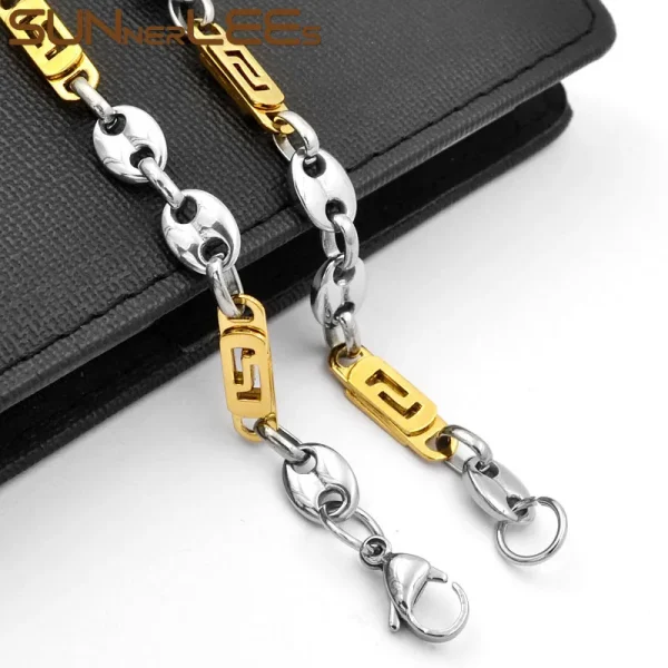 SUNNERLEES Jewelry Stainless Steel Necklace Bracelet Set 8mm Coffee Beans Link Chain Silver Color Gold Plated Men Women SC104 S - Image 5