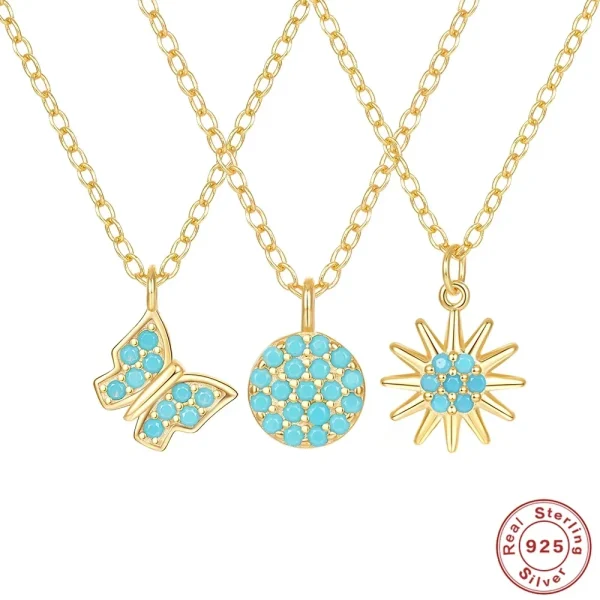 VAL 925 Sterling Silver 18K Gold Color Natural Stone Necklace Turquoise Butterfly Pendant Chain Women's Fashion Jewellery Gifts