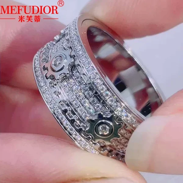 S925 Sterling Silver Moissanite Gear Rings Women and Men‘s Sparkling Full Diamond Rotatable Wedding Band Customized Jewelry Gift