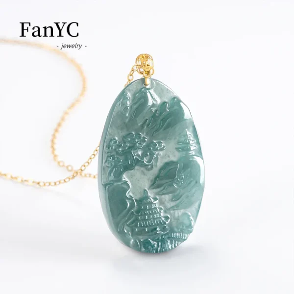 Natural Jadeite Blue Water Small Landscape Pendant 18K Gold Clasp Set Delicate Fashion Ice Jade Necklace High-grade Ladies Gift - Image 3