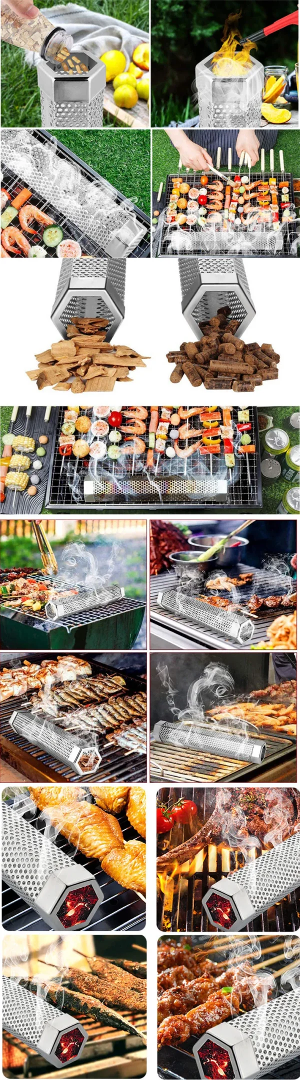 BBQ Hexagon Grill for Outdoor Camping, Smoking Mesh Tube, Stainless Barbecue Pellet Smoker, Kitchen Utensils, 12 in - Image 13