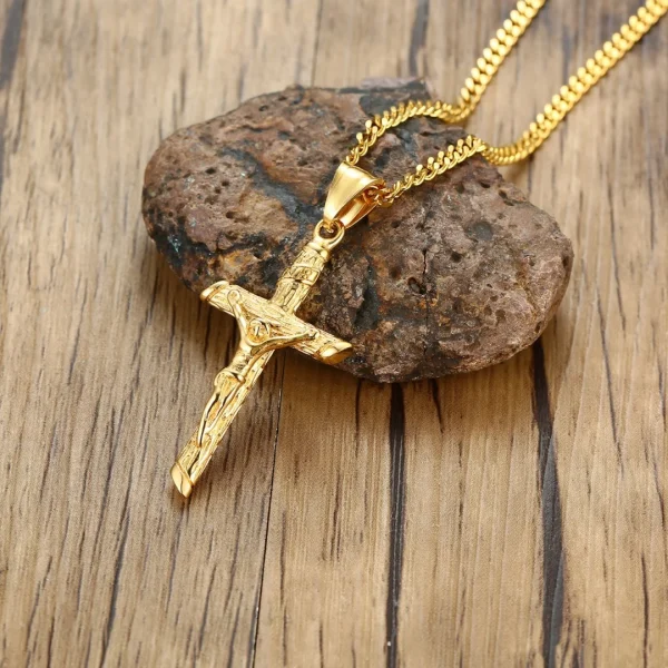 Stainless Steel Cross Necklace Catholicism Jesus Pendant Gold Color Collar Church Prayer Faith Jewelry for Men Women Gift