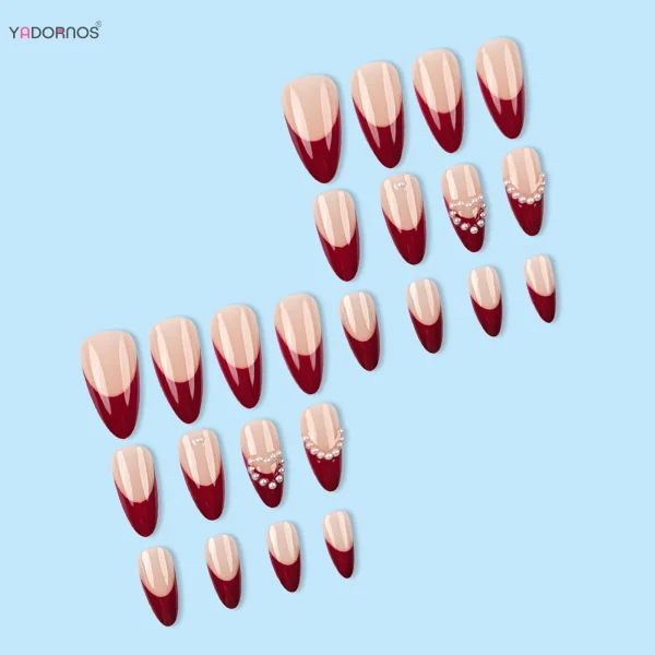 24Pcs Almond Fake Nails Red French Style Press on Nails Pearls Love Heart Designs Women Charms Manicure Full Cover Nails Tips - Image 3