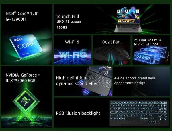 Topton New L8 Gaming Laptops i9 12900H i7 13620H NVIDIA RTX 4060 8G 16 inch 165Hz IPS Windows 11 NVMe Notebook Gamebook WiFi6 - Image 14