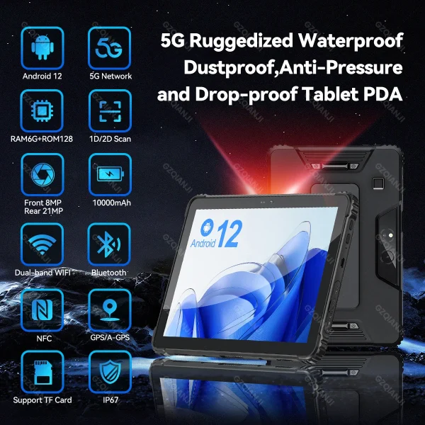 5G Industrial Android 12 Tablet Rugged PDA Triple Defence with Fingerprint Unlock 1D 2D QR Scanner Data Collector for Warehouse - Image 2