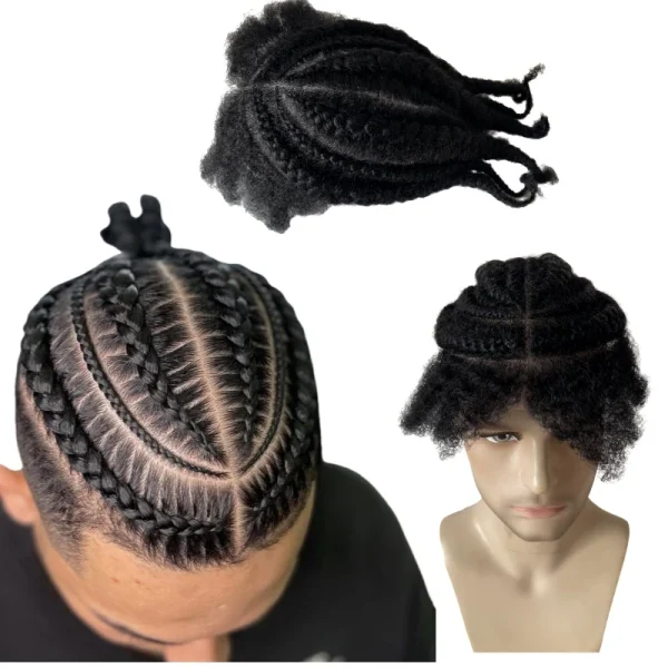 Indian Virgin Human Hair Systems 1# Jet Black Color Afro Cornrow Braids Toupee Full Lace Unit for Black Men