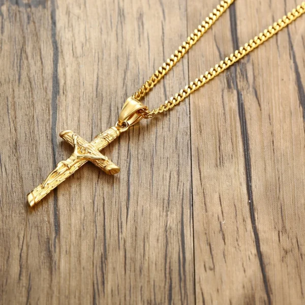 Stainless Steel Cross Necklace Catholicism Jesus Pendant Gold Color Collar Church Prayer Faith Jewelry for Men Women Gift - Image 3