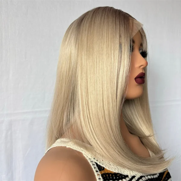 Ash Blonde Highlight Color Short Straight Bob Lace Front Wigs For Women Long Synthetic Hair Wig Dark Roots 13x4 Lace Frontal Wig - Image 5