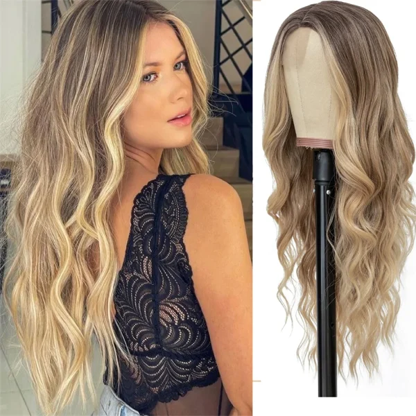 26 Inch New Long Ombre Blonde Middle Part Wavy Wig For Women, Daily Party Cosplay Halloween Christmas Use