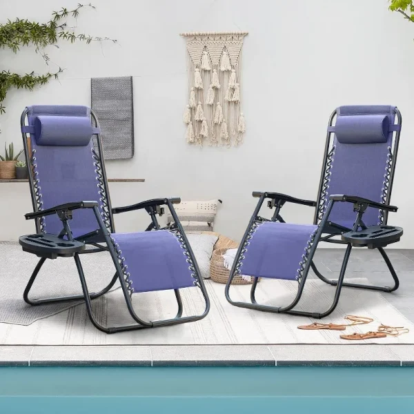 Zero Gravity Chair Patio Folding Lawn Outdoor Lounge Gravity Camp Reclining Lounge Chair with Cup Holder Pillows Set of 2 (Blue) - Image 18