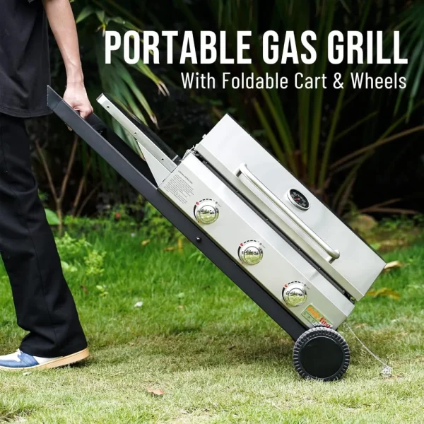 Portable Gas Griddle 3-Burner with Foldable Cart & Side Table, Stainless Steel Flat Top Gas Grill Griddle Stove with Lid - Image 5