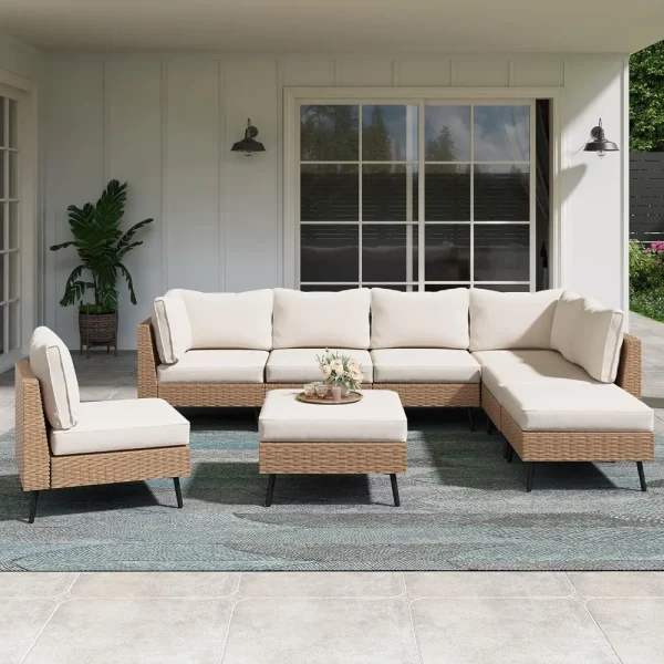 8 Piece Outdoor Sectional Sofa PE Rattan Patio Conversation Sets, All Weather Patio Furniture Set with Thick Cushions for Garden - Image 15