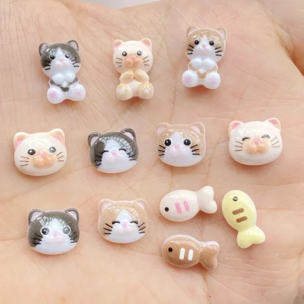 50pcs Resin Mini cartoon colorful cat, cat head cracker fish Flatback Rhinestone Nail Art DIY Party Scrapbook Accessories Crafts - Image 4