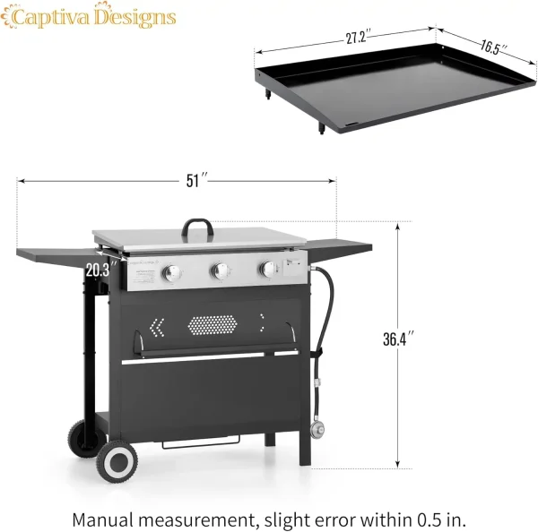 Captiva Designs 27 in Flat Top Grill with Ceramic Coated Cast Iron Pan, 3-Burner Propane Gas Griddle Grill, 33,000 BTU Output - Image 6