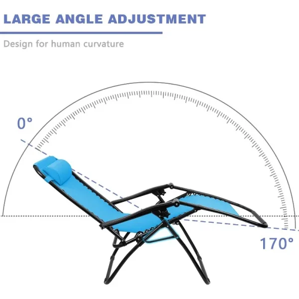 Zero Gravity Chair Patio Folding Lawn Outdoor Lounge Gravity Camp Reclining Lounge Chair with Cup Holder Pillows Set of 2 (Blue) - Image 29