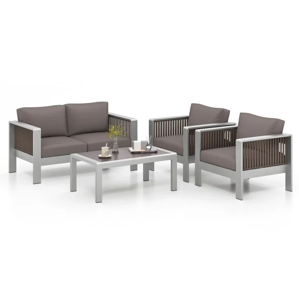 4 PCS Aluminum Patio Furniture Set with Thick Cushions & Tempered Glass Tabletop