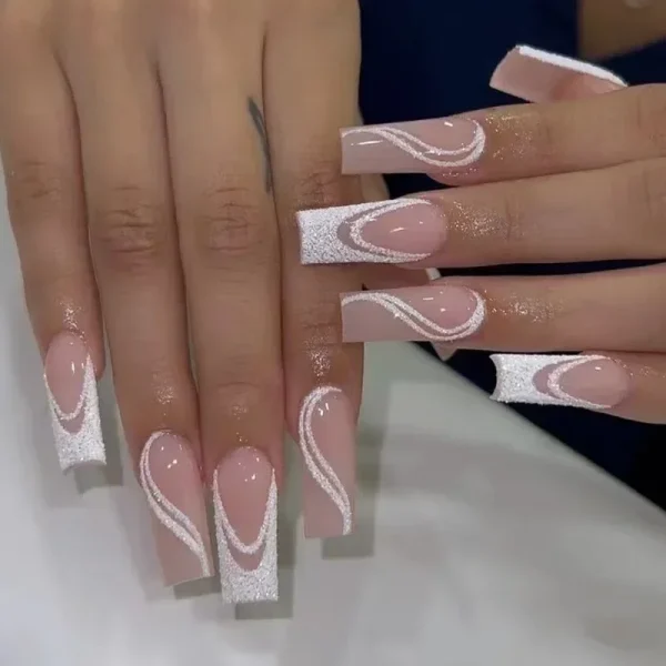 Hot Sexy Girl Simple Glossy Pure White Red Lip Long Coffin Fake Nail Tips Full Finished False Nail Press on Glue Manicure Woman - Image 9