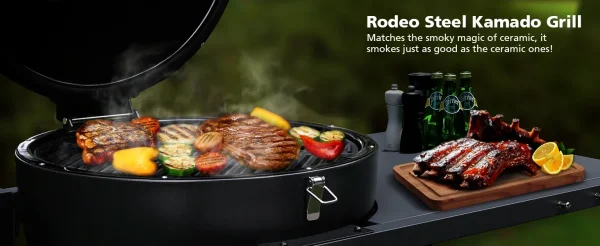 Charcoal Grills with Table Cart, Rodeo Deluxe Steel Kamado Grill and Smoker 22in Cast Iron Cooking Grids Perfect for Outdoor Coo - Image 14