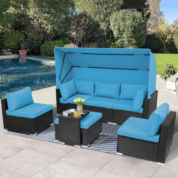 7 Pieces Patio Furniture Sets Daybed with Retractable Canopy,Rattan Sectional Sofa Set, Wicker Patio Seating Chairs - Image 3